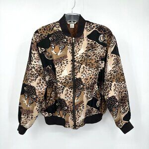 vintage 80s BOMBER JACKET 100% silk animal print quilted zip up retro brown M
